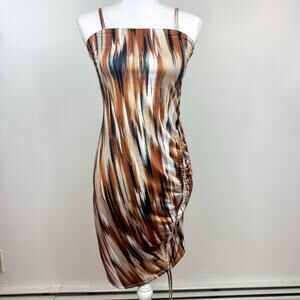 Womens Medium Brown Abstract Print Dress Grunge Y2K Cinch Asymmetrical Going Out